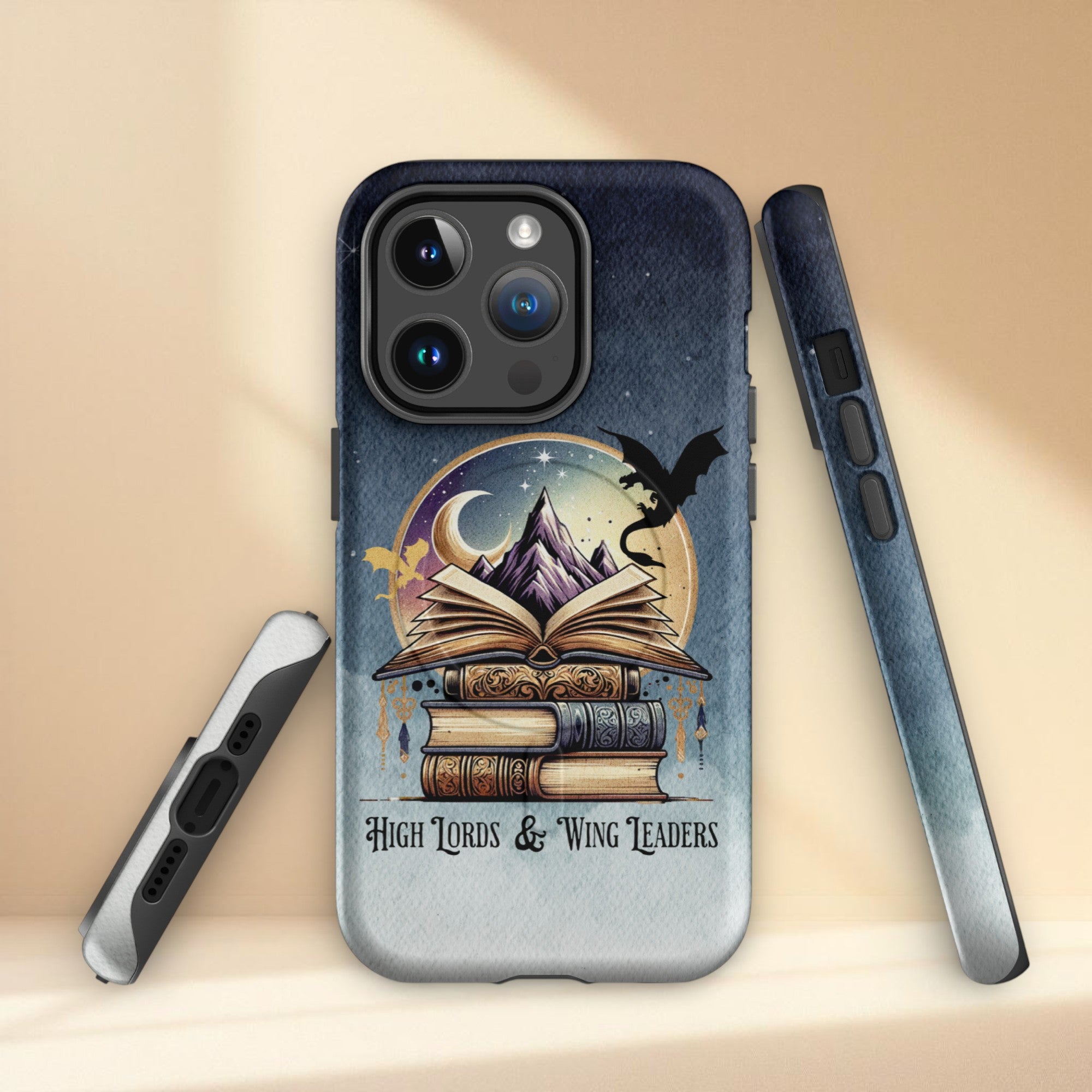 Tough protective fantasy book iPhone case with dragon and celestial mountain design, durable bookish aesthetic phone case for fantasy readers.