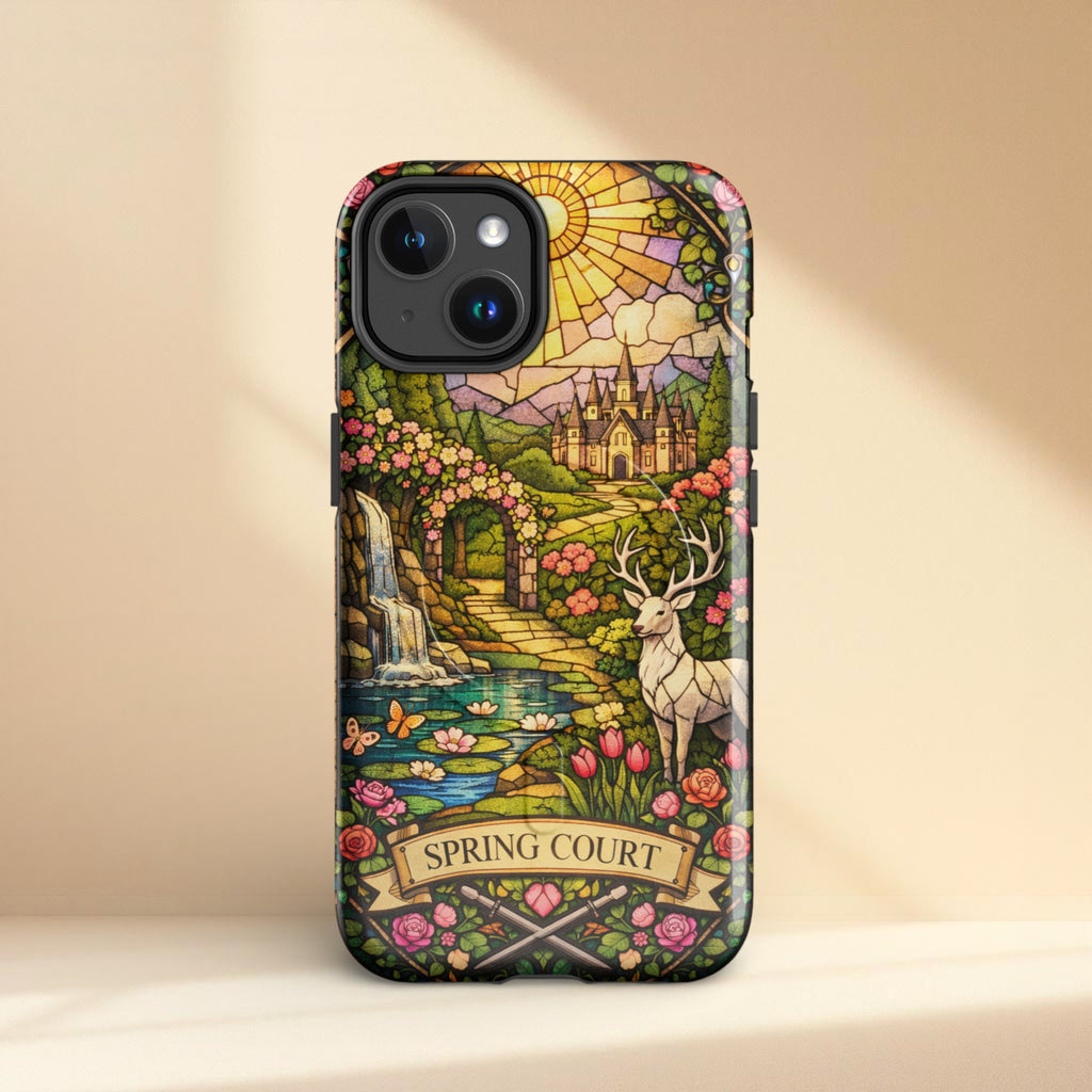 Stained glass style spring court fantasy landscape phone case featuring sun, flowers, castle manor, waterfall and woodland scene.