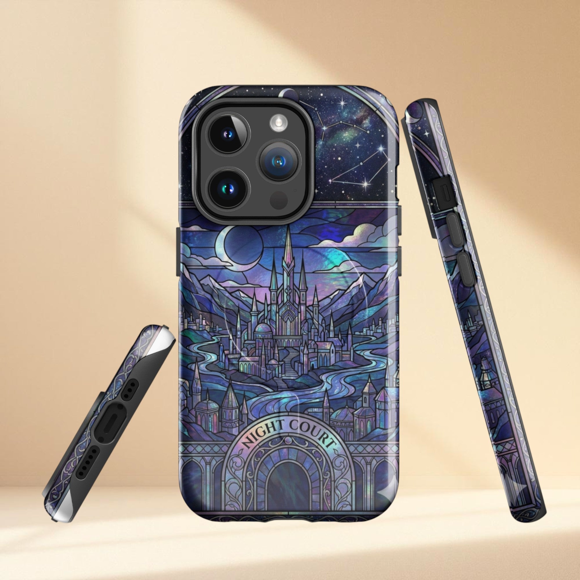 Stained glass style night court fantasy landscape phone case featuring crescent moon, stars, mountains, city and celestial night sky.