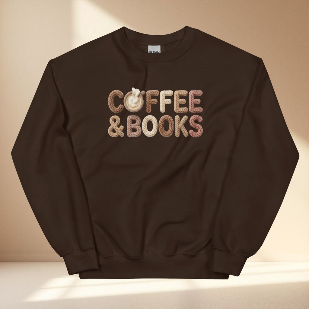 Brown sweatshirt with 'COFFEE & BOOKS' text on a beige background