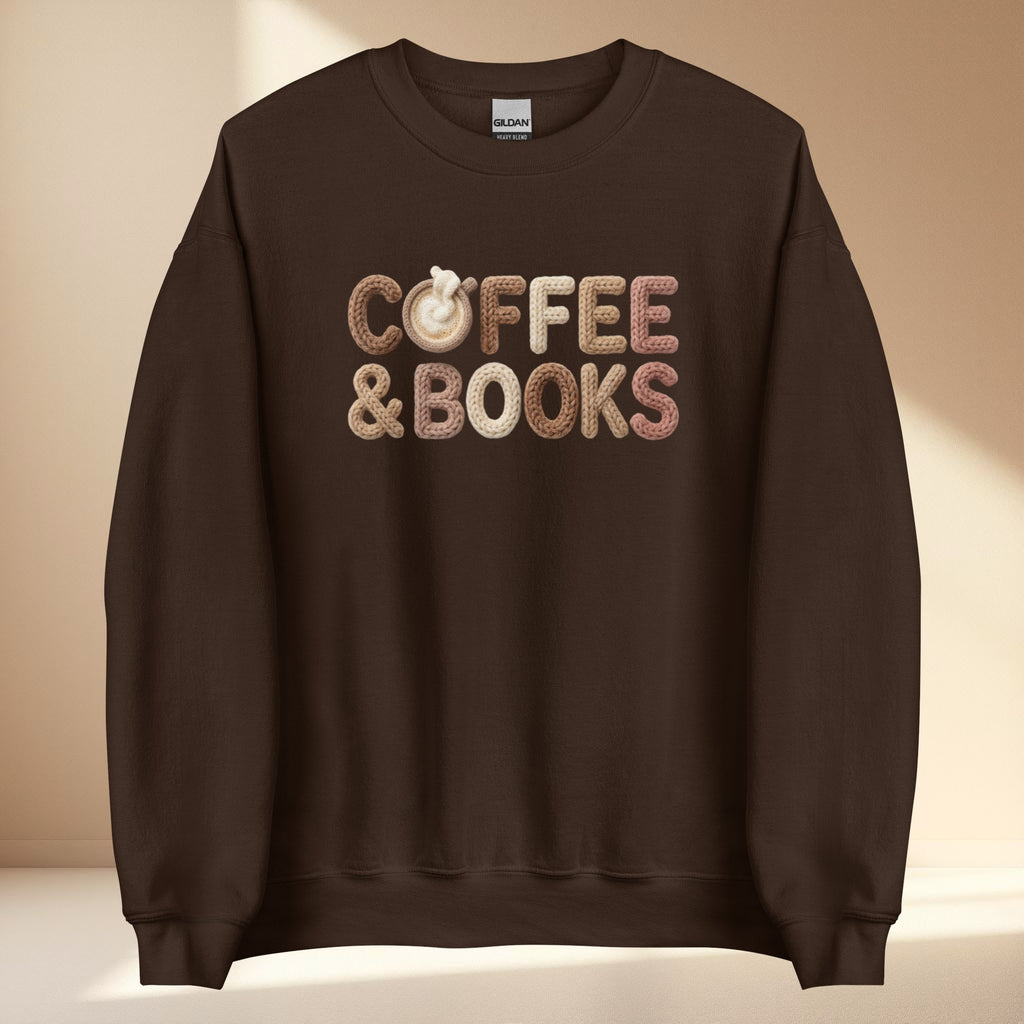 Brown sweatshirt with 'COFFEE & BOOKS' text on a beige background