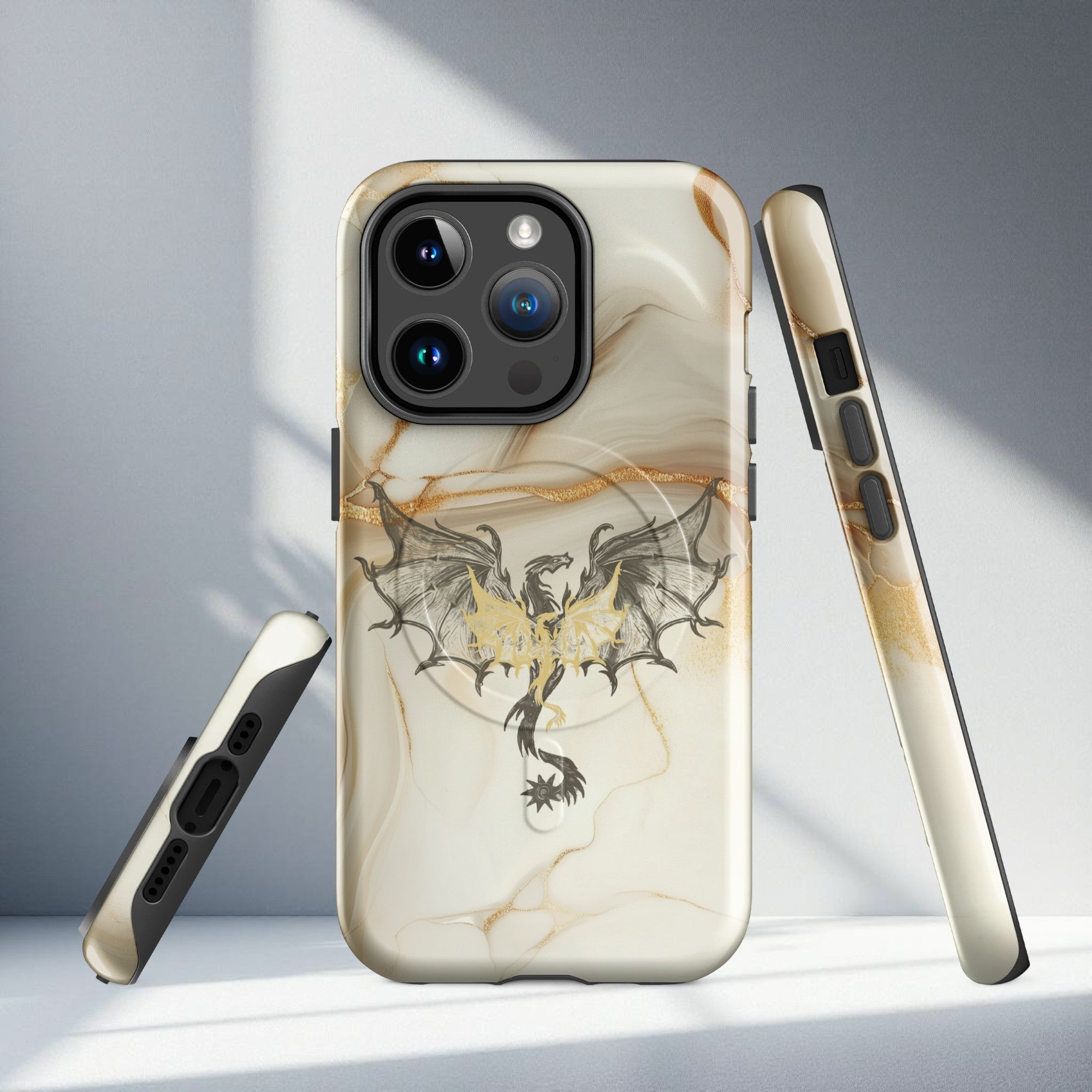 Gold wing dragon fantasy iPhone case on neutral beige marble background, luxury romantasy aesthetic tough protective dragon phone case