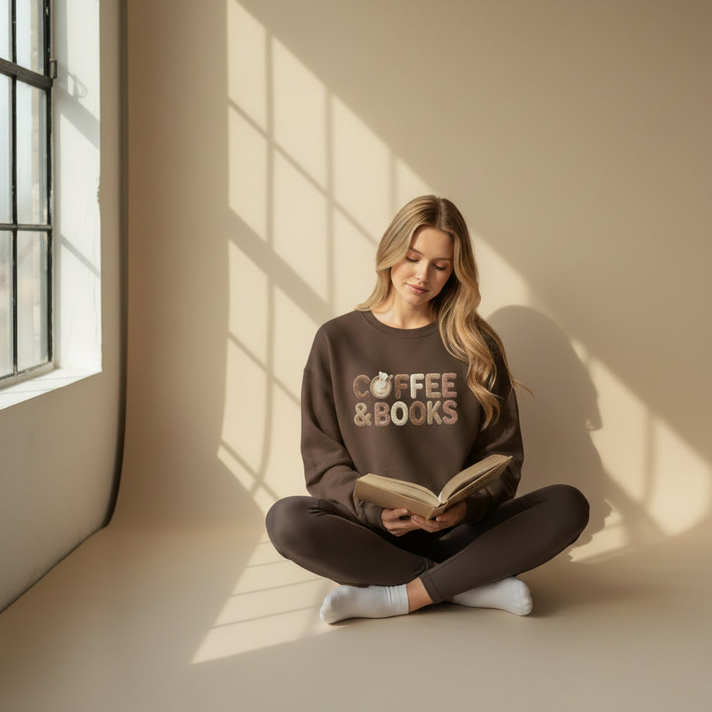 Woman reading a book wearing a 'COFFEE & BOOKS' sweatshirt in a sunlit room.