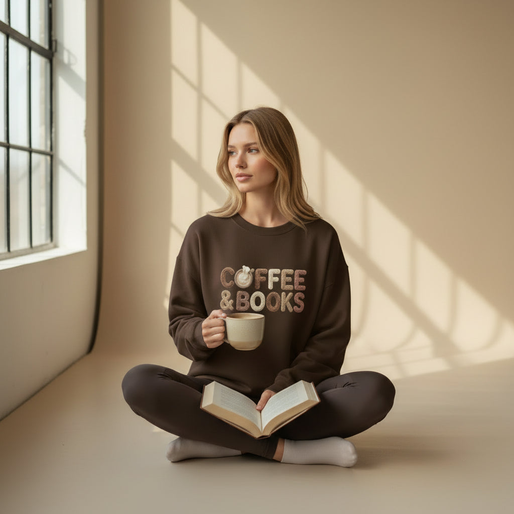 Woman sitting on the floor holding a mug and a book, wearing a sweatshirt with 'COFFEE & BOOKS' text.