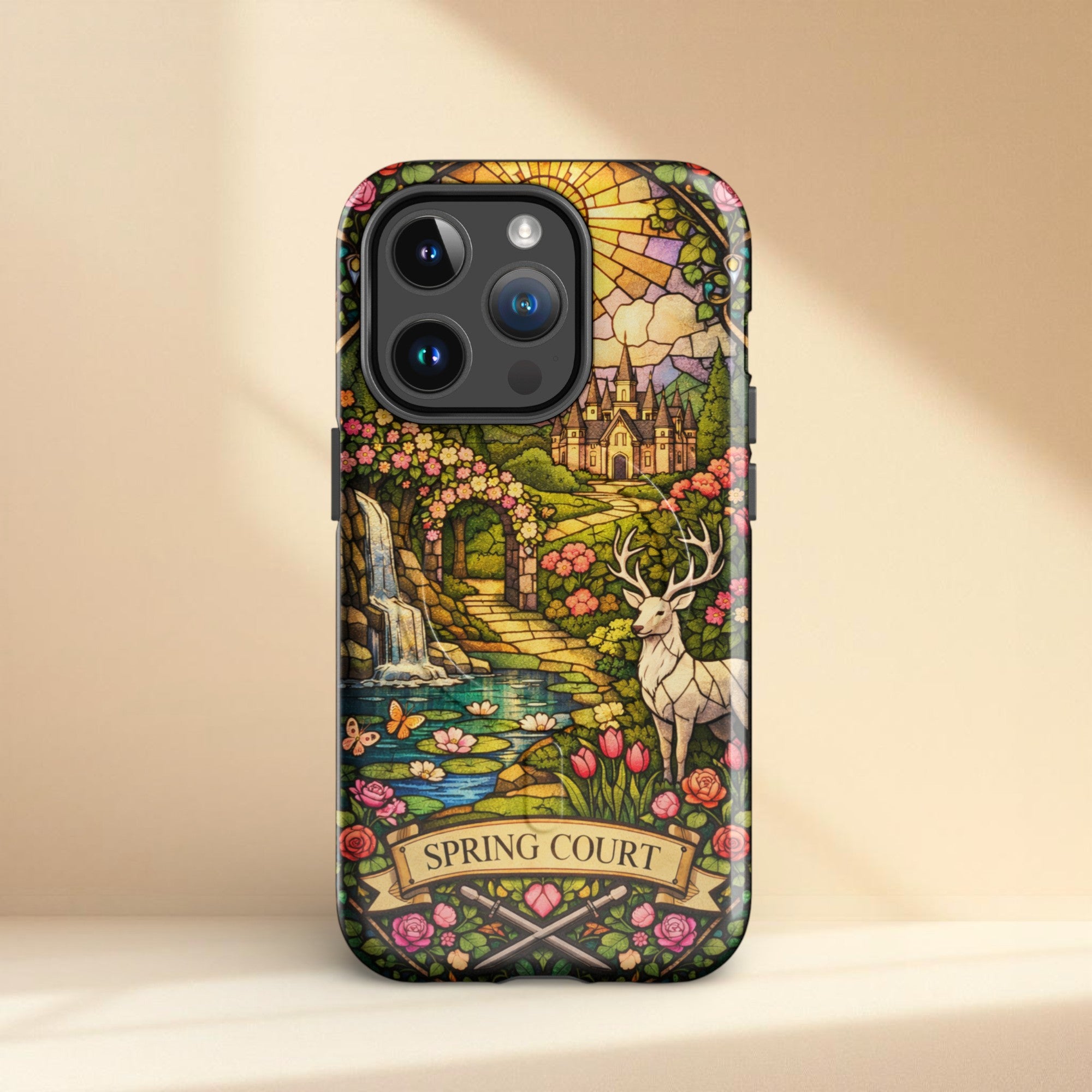 Stained glass style spring court fantasy landscape phone case featuring sun, flowers, castle manor, waterfall and woodland scene.